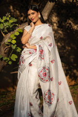 Chandini-Pure Linen Zari Embroidery Saree Prasam Crafts