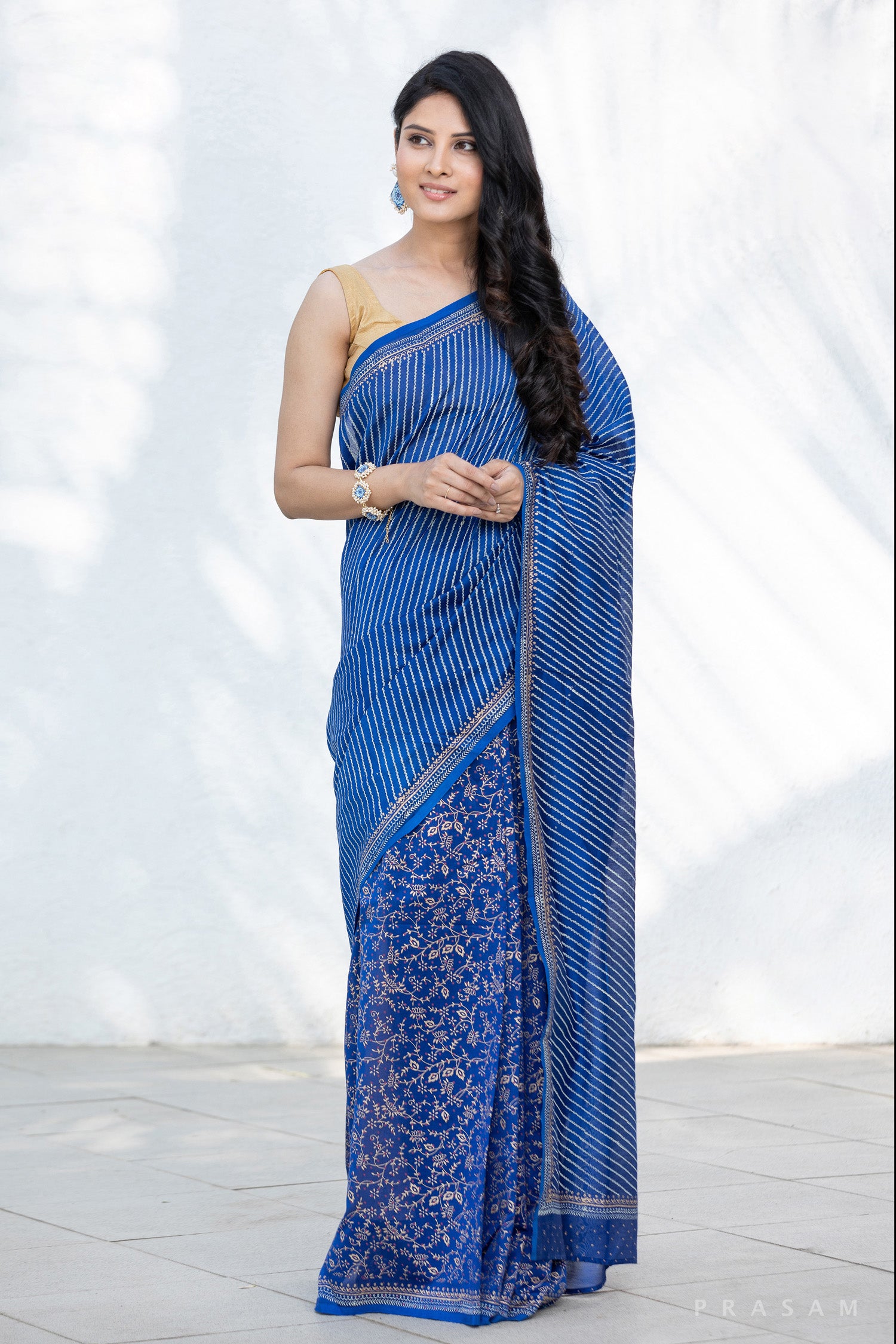 Ethnic Navy Chant - Chanderi Block Print Saree Prasam Crafts