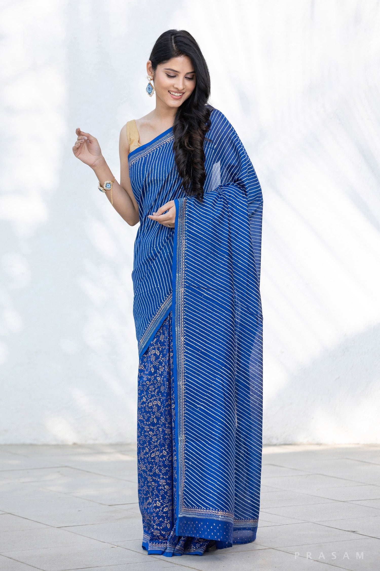 Ethnic Navy Chant - Chanderi Block Print Saree Prasam Crafts