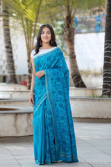 Creamy Skyful - Pure Ghicha Silk Block Print Saree Prasam Crafts