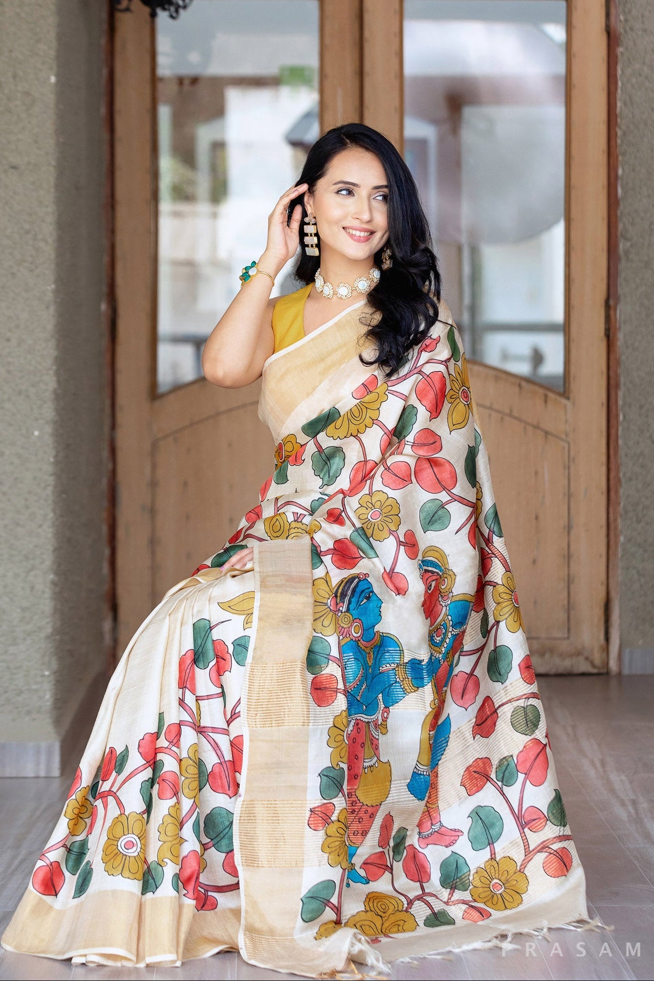 Floral Hypnotism Kalamkari Pure Tassar Silk Saree Prasam Crafts