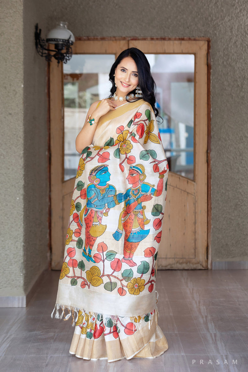 Floral Hypnotism Kalamkari Pure Tassar Silk Saree Prasam Crafts