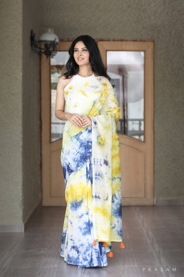 Citrous Ultramarine Chanderi Tie Dye Saree Prasam Crafts