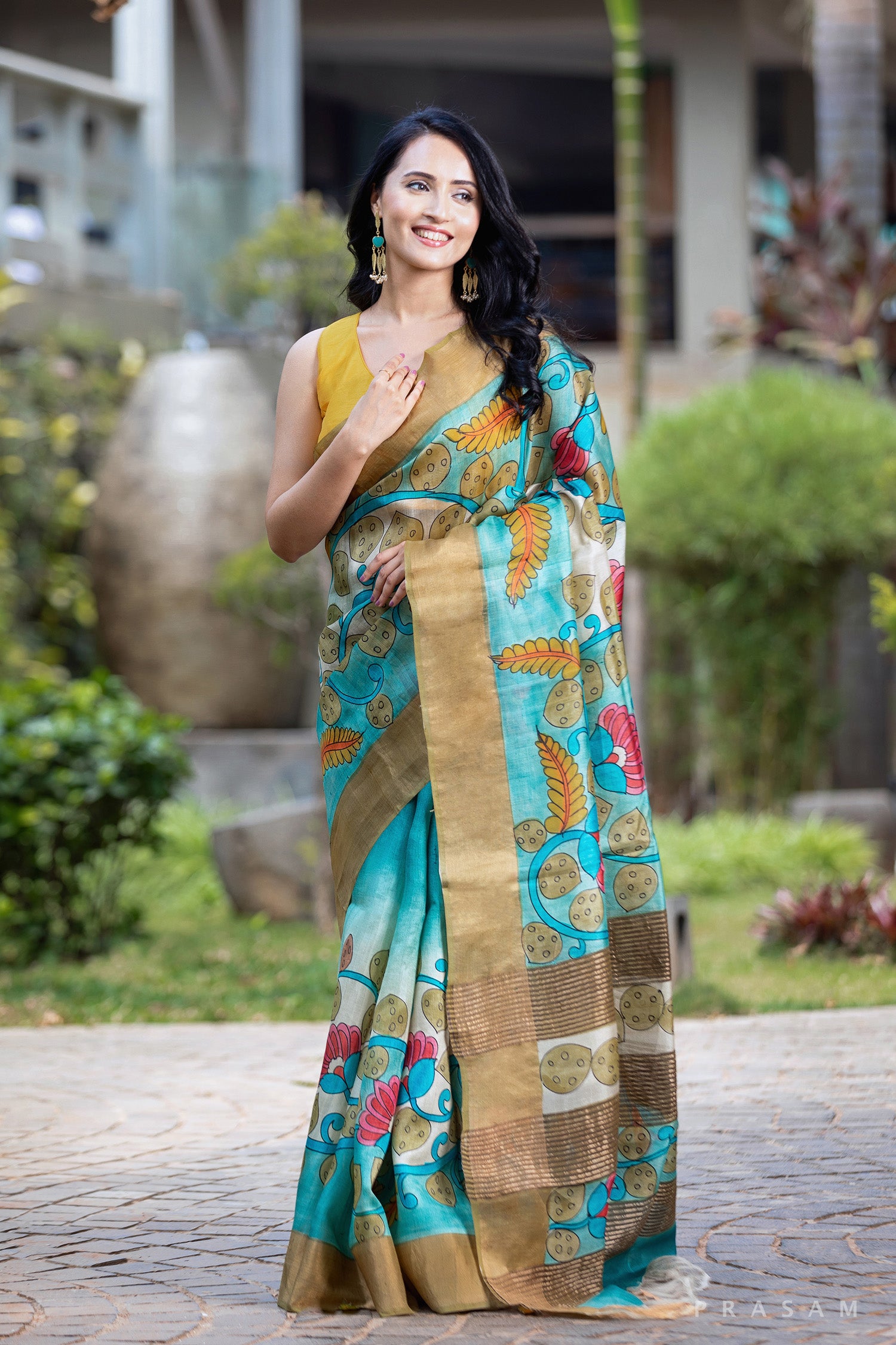 Spring Delight-Kalamkari Pure Tassar Silk Saree Prasam Crafts