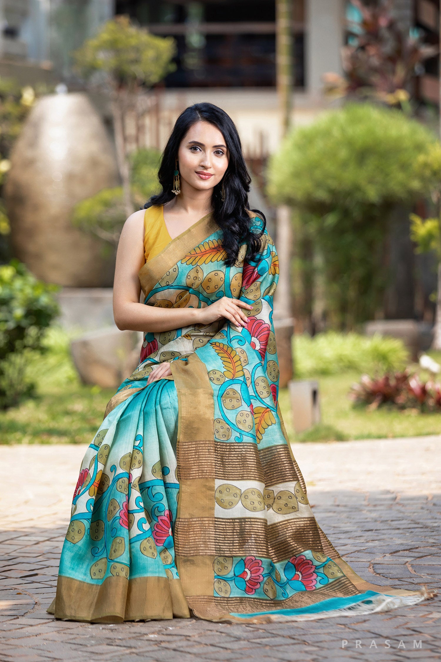 Spring Delight-Kalamkari Pure Tassar Silk Saree Prasam Crafts