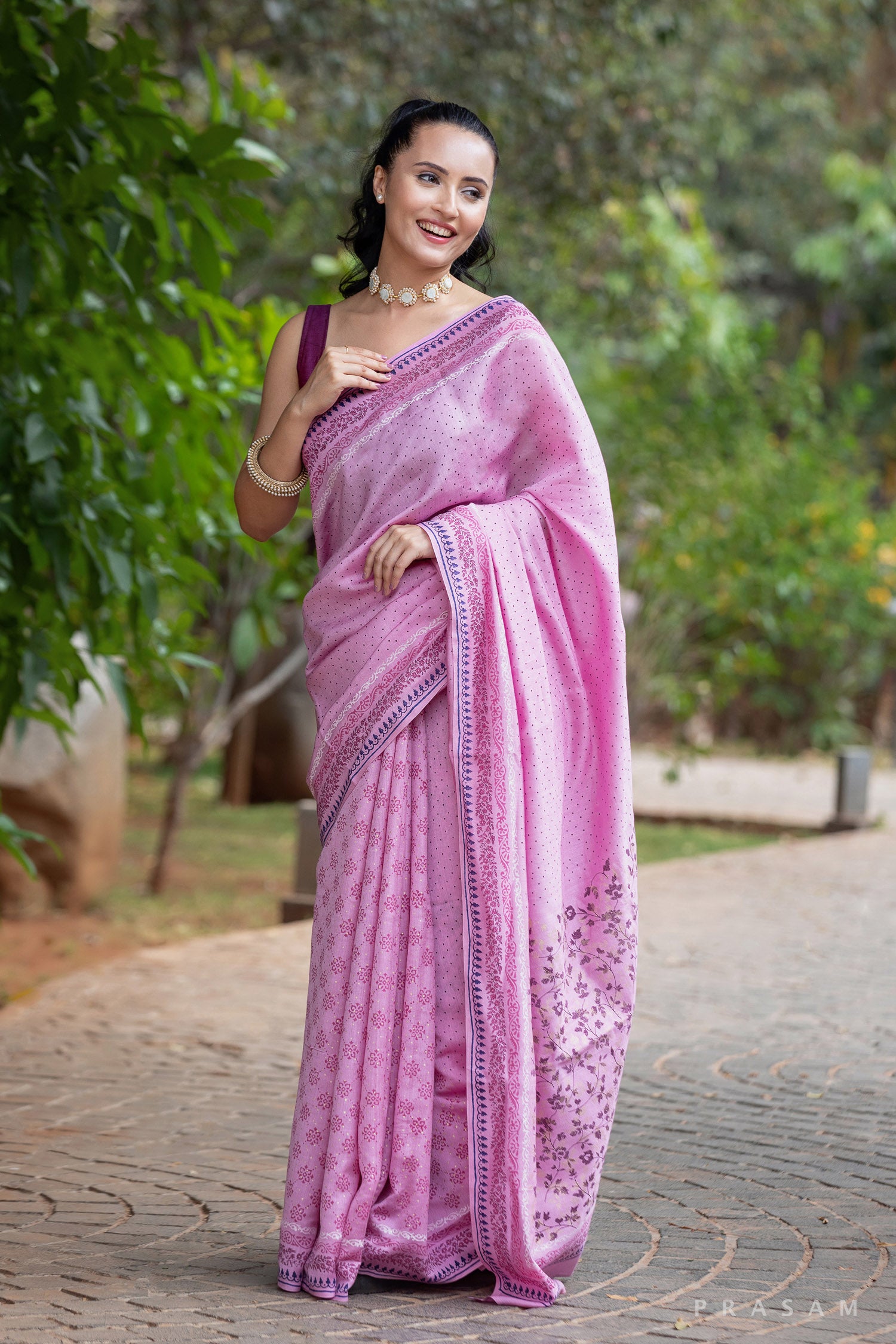 Soft berry-Silk Modal Block Print Saree Prasam Crafts