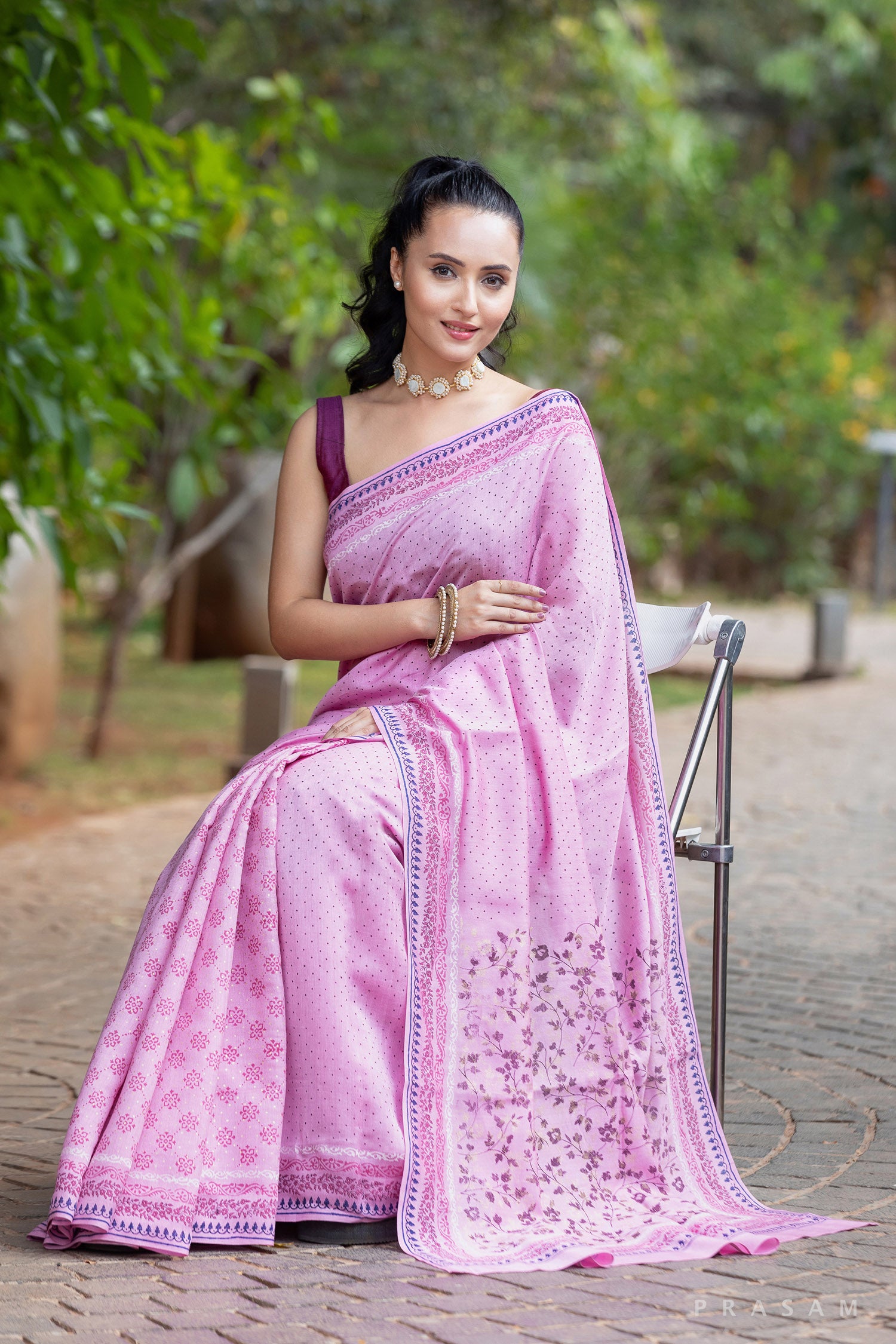 Soft berry-Silk Modal Block Print Saree Prasam Crafts