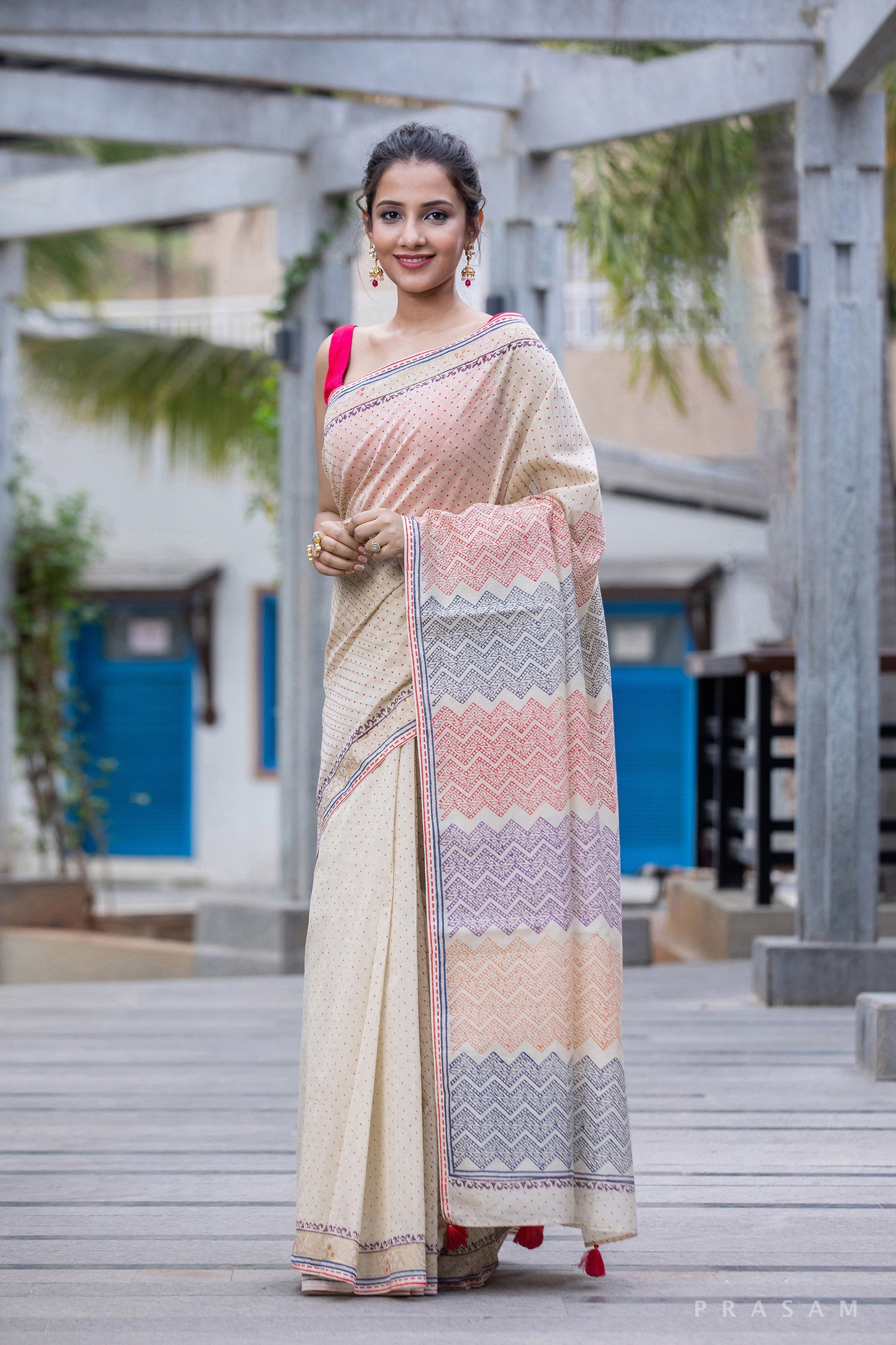 Faint & Creamy-Chanderi Block Print Saree Prasam Crafts