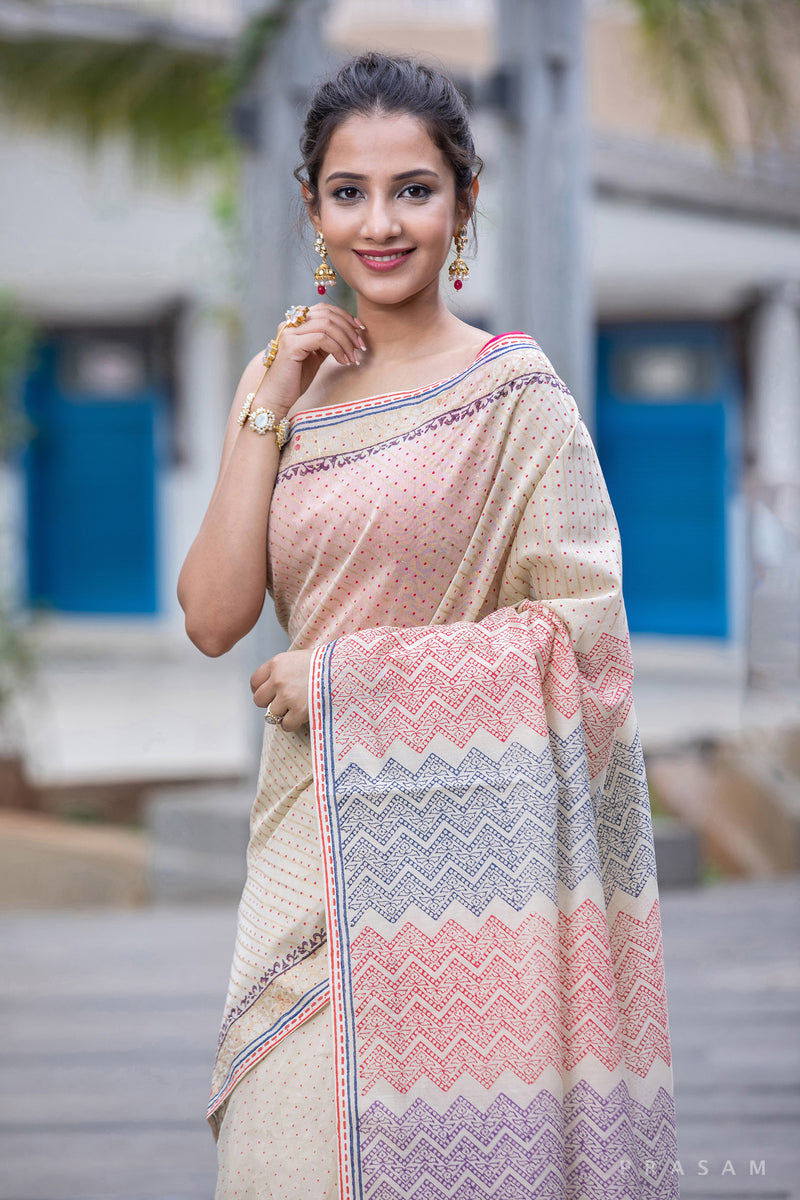 Faint & Creamy-Chanderi Block Print Saree Prasam Crafts