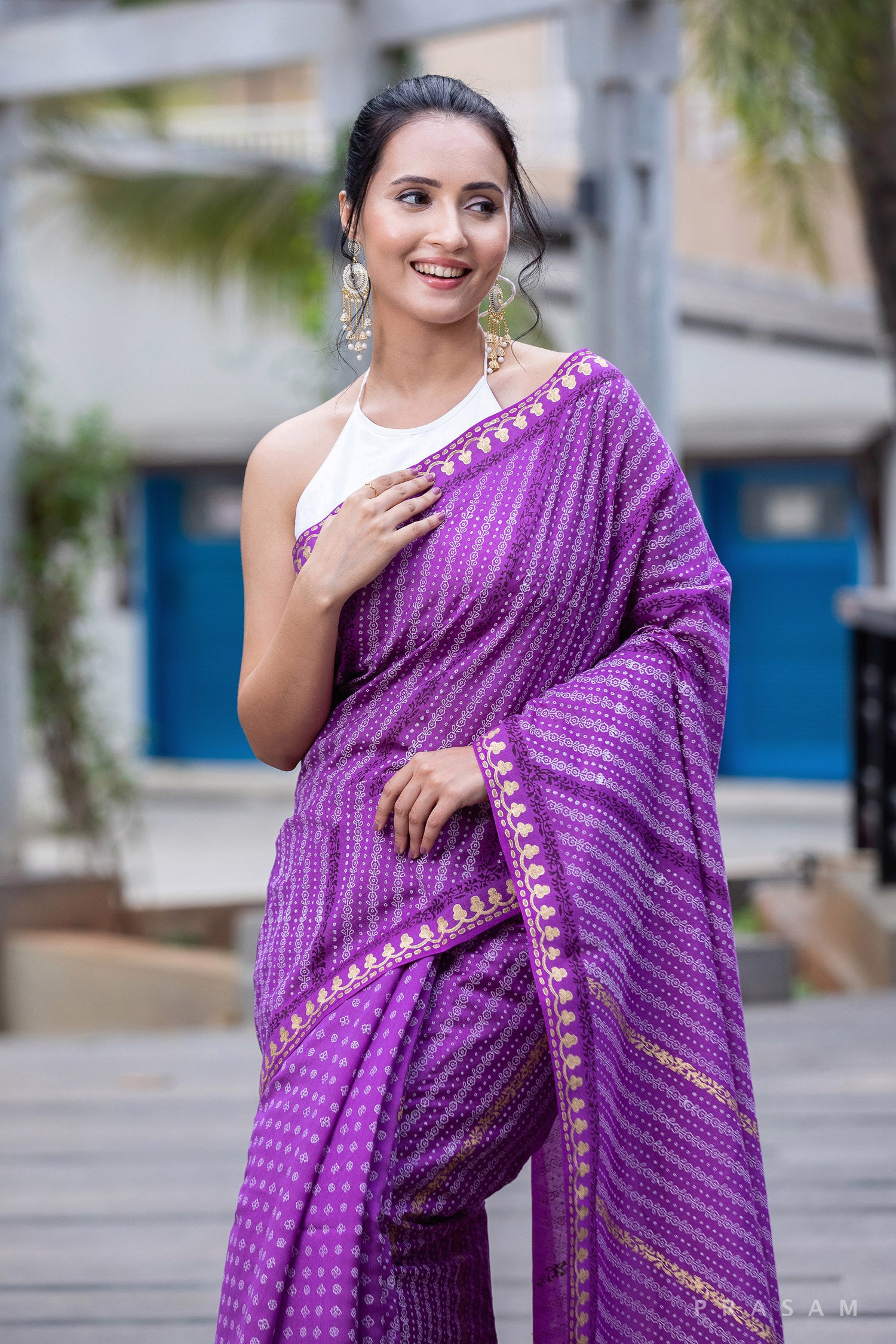 Ambient Purple-Silk Modal Block Print Saree Prasam Crafts