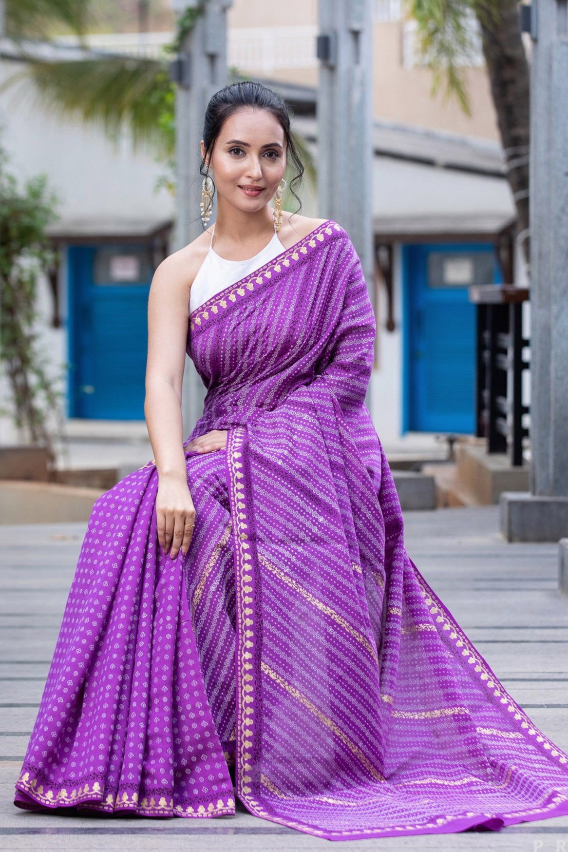 Ambient Purple-Silk Modal Block Print Saree Prasam Crafts