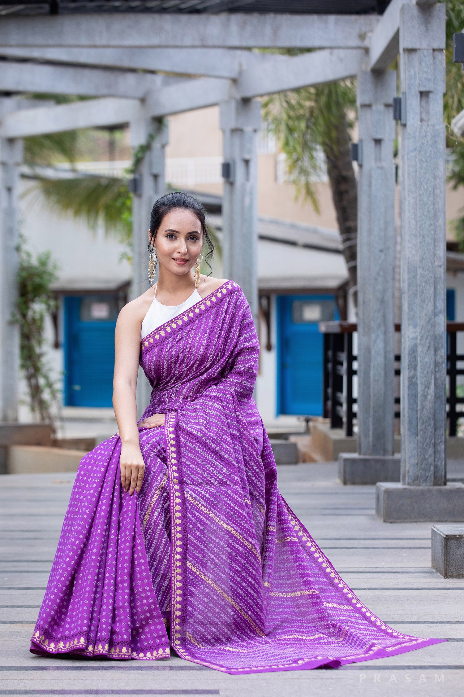 Ambient Purple-Silk Modal Block Print Saree Prasam Crafts