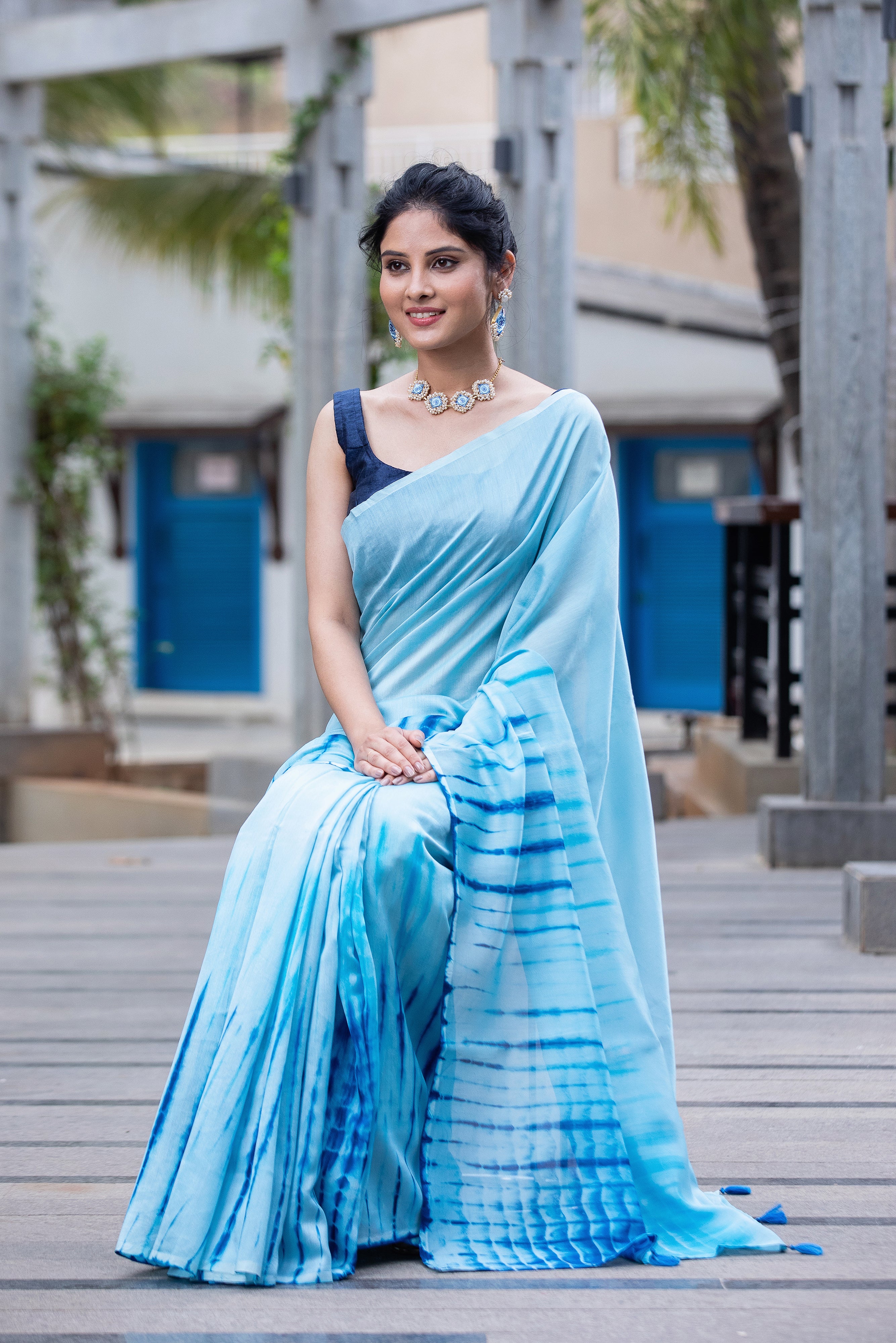 Blue Bubbles Chanderi Saree Prasam Crafts