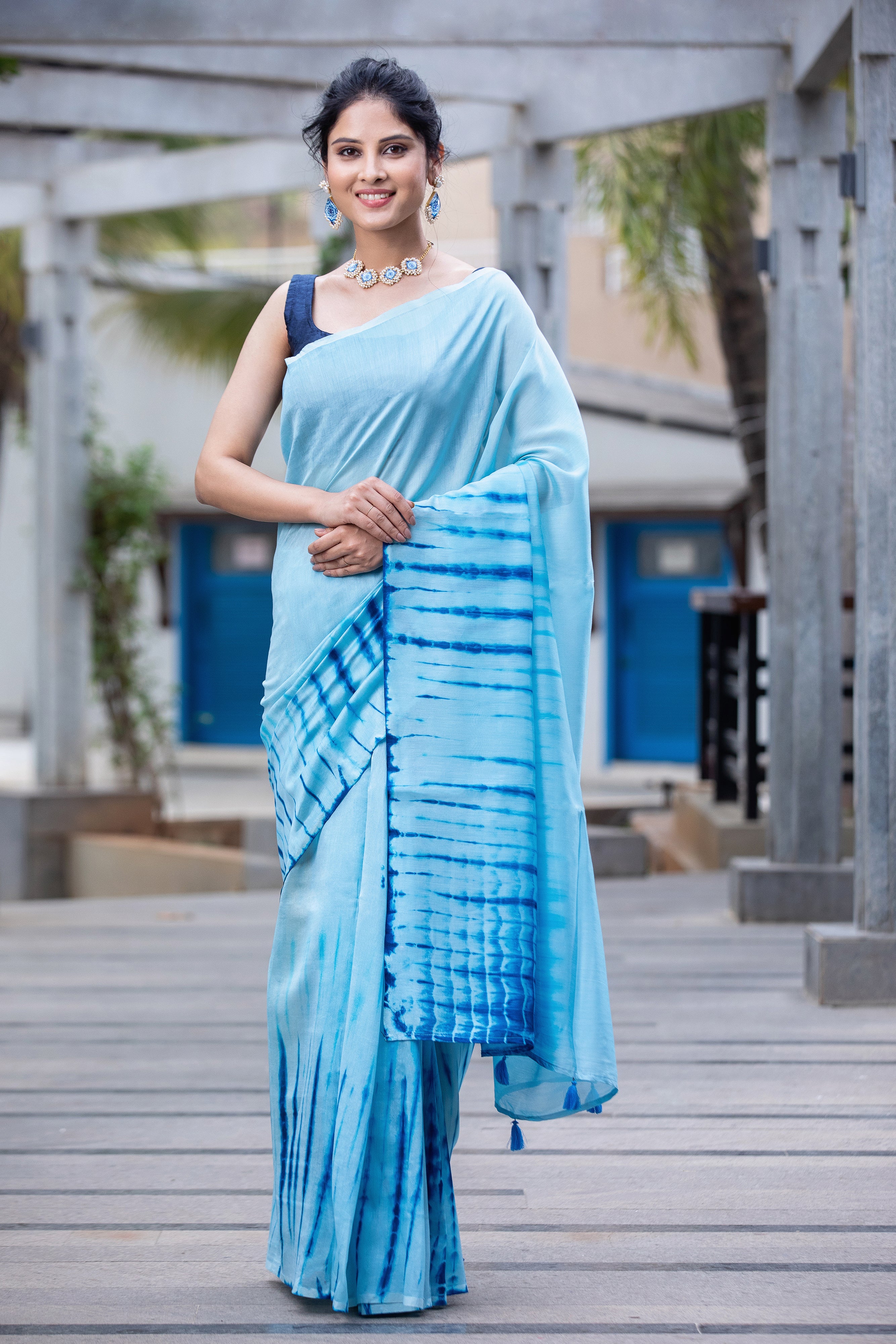 Blue Bubbles Chanderi Saree Prasam Crafts