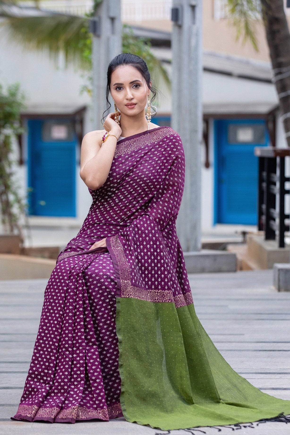 Limelight Aubergine-Cotton Block Print Saree Prasam crafts