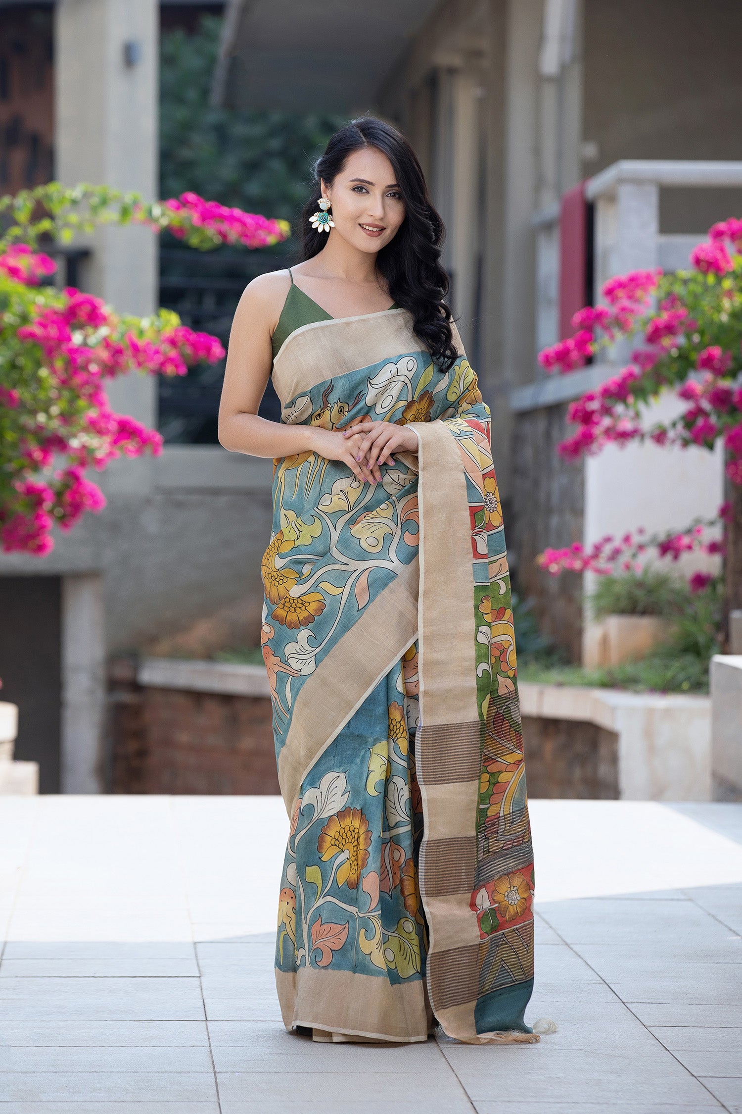 Whimsical Kalamkari Pure Tassar Silk Saree Prasam Crafts