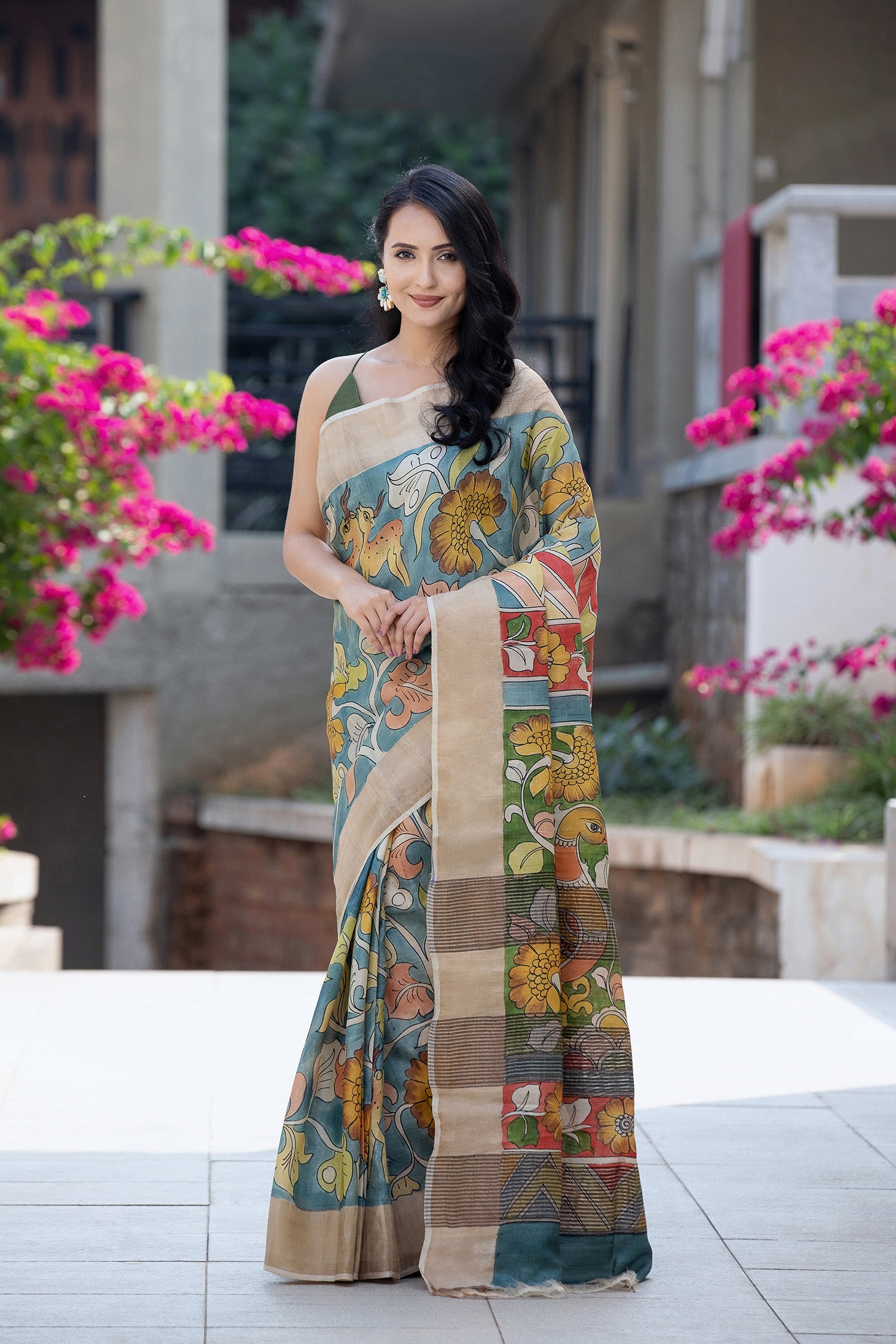 Whimsical Kalamkari Pure Tassar Silk Saree Prasam Crafts