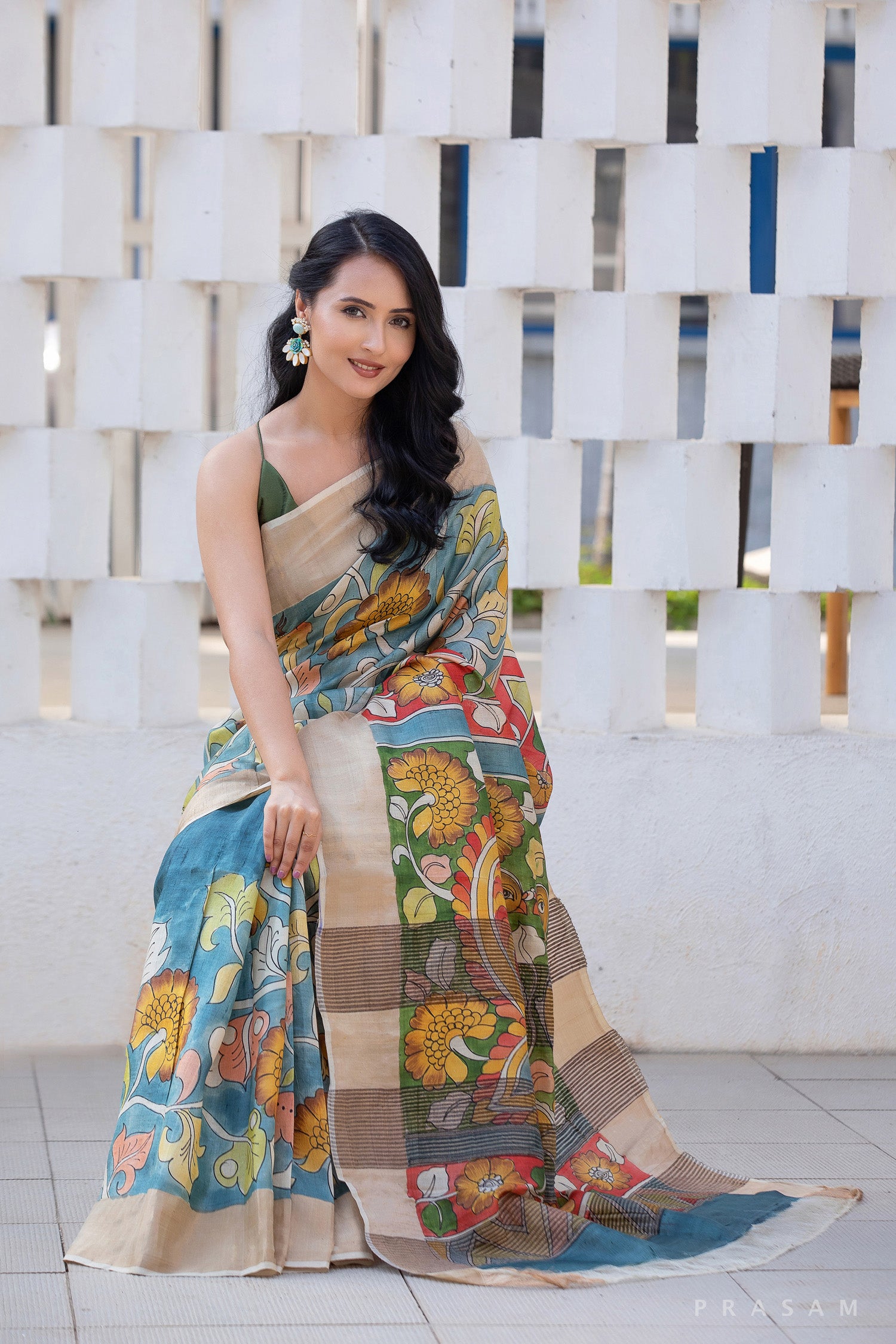 Whimsical Kalamkari Pure Tassar Silk Saree Prasam Crafts