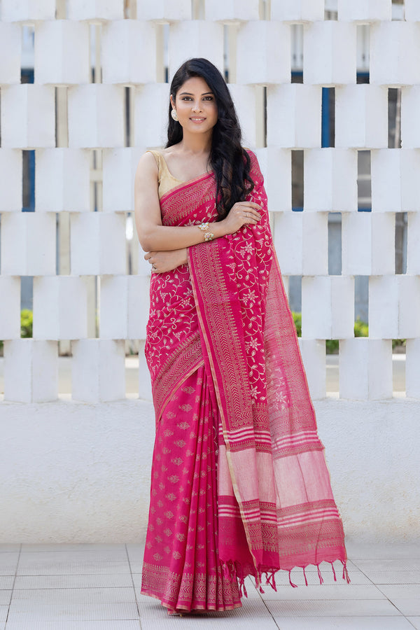 Pink Infuse -Cotton Block Print Saree Prasam Crafts