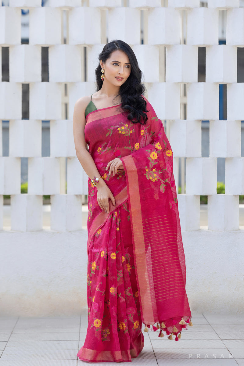 Melting Red Bloom Linen Embroidery Saree Prasam Crafts