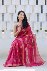 Melting Red Bloom Linen Embroidery Saree Prasam Crafts