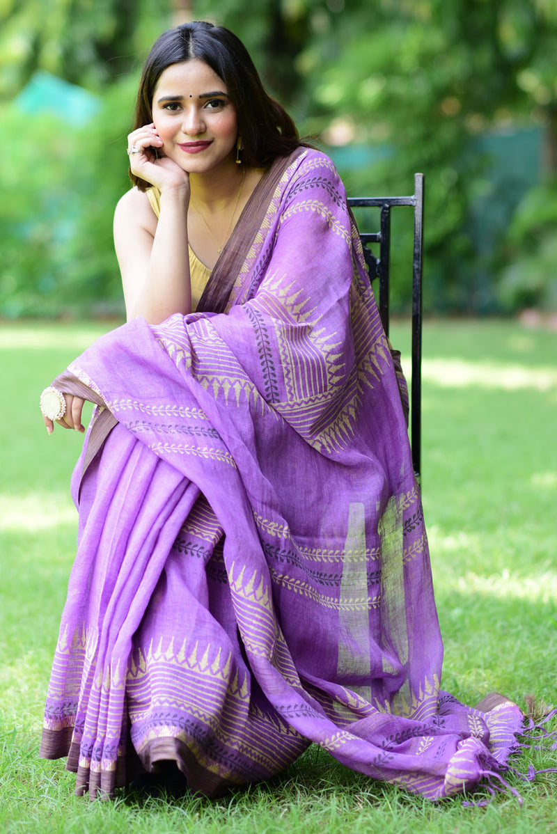 Purple Glow Linen Handblock print Saree Prasamcrafts Handcrafted Festive Workwear Dailywear