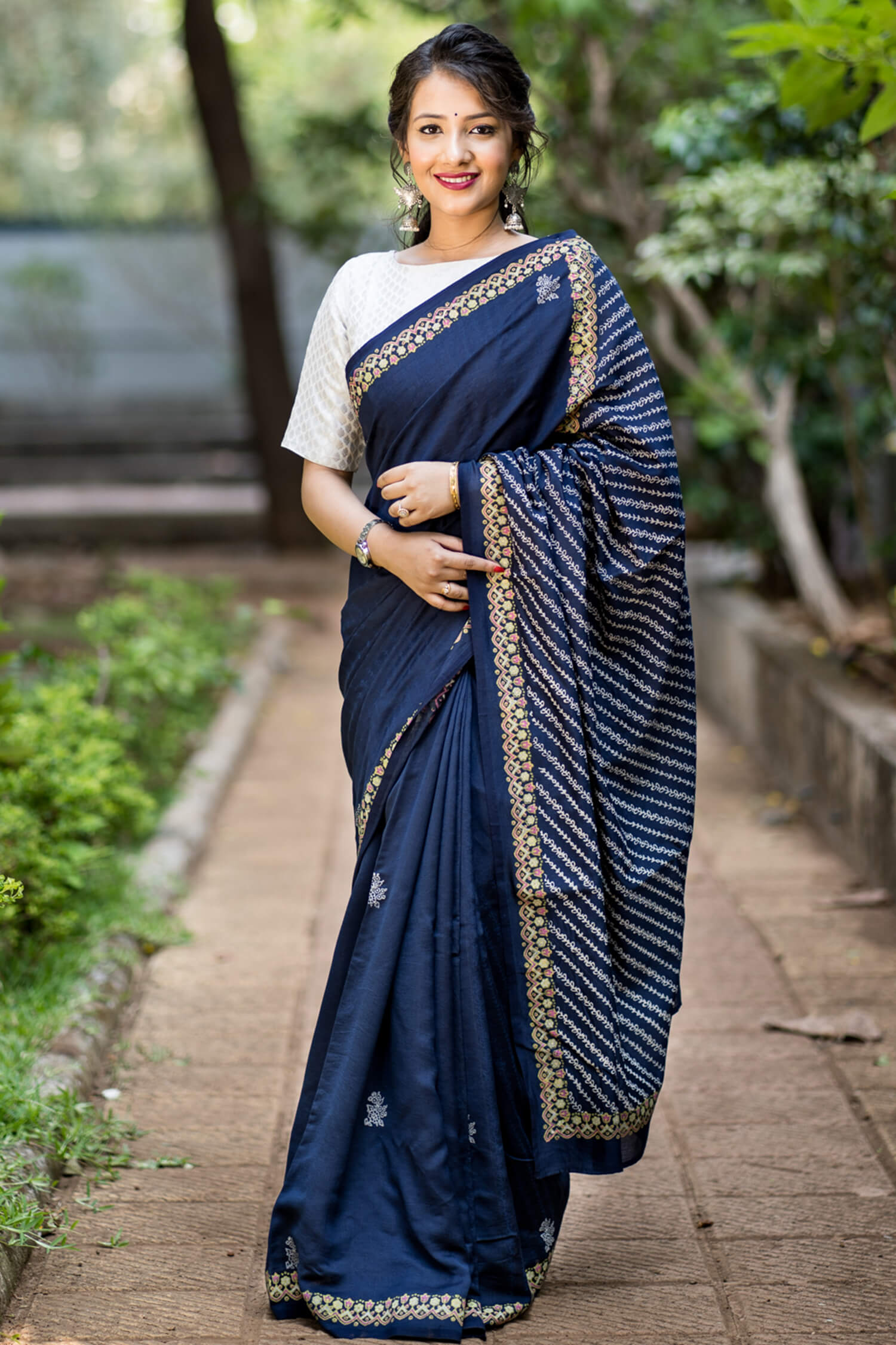 Nautical Tides-Silk Modal Block Print Saree Prasam Crafts