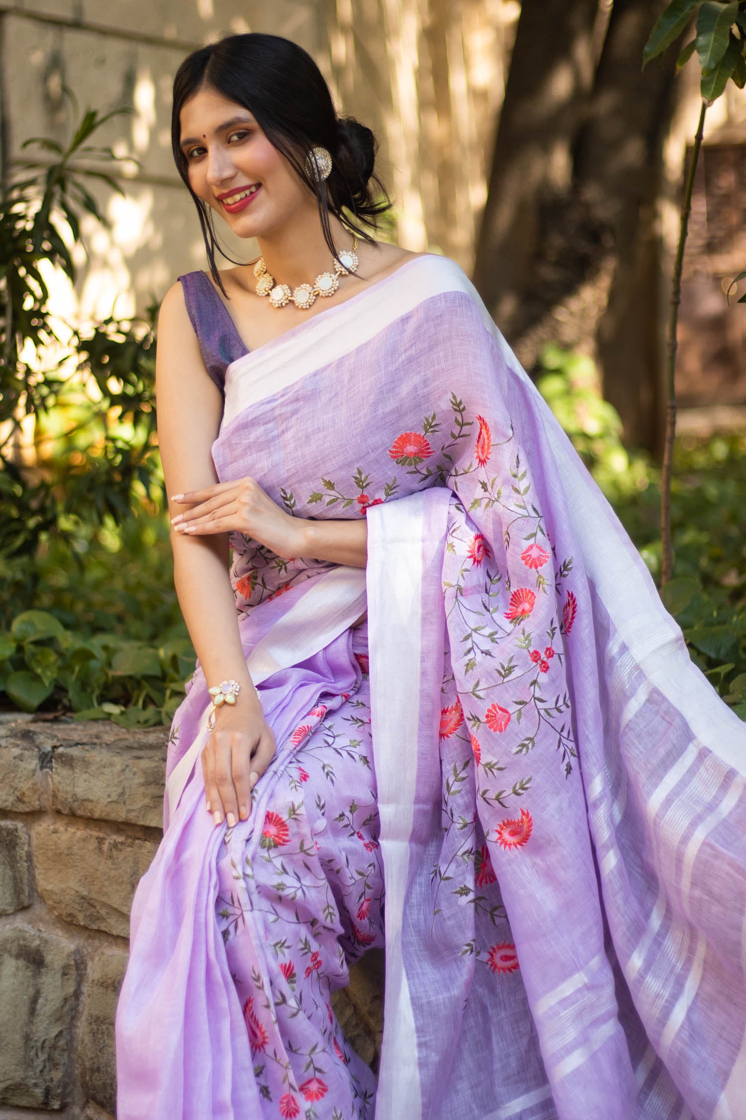 Lavender Floral Embroidery Silk Linen Saree Prasam crafts