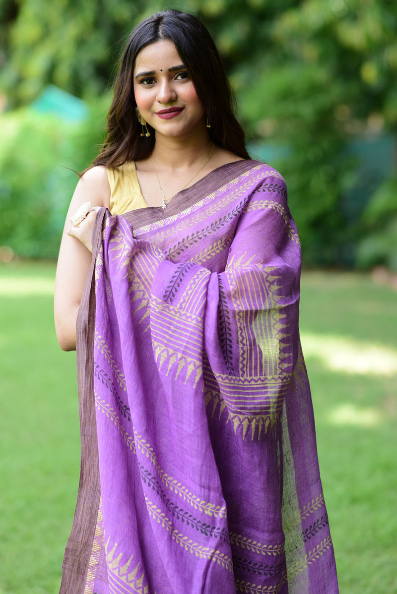 Purple Glow Linen Handblock print Saree Prasamcrafts Handcrafted Festive Workwear Dailywear