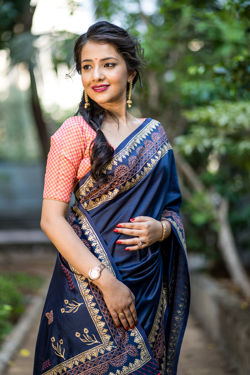 Couture Blues Chanderi Handblock Print Saree Prasamcrafts Handcrafted Festive Workwear Dailywear