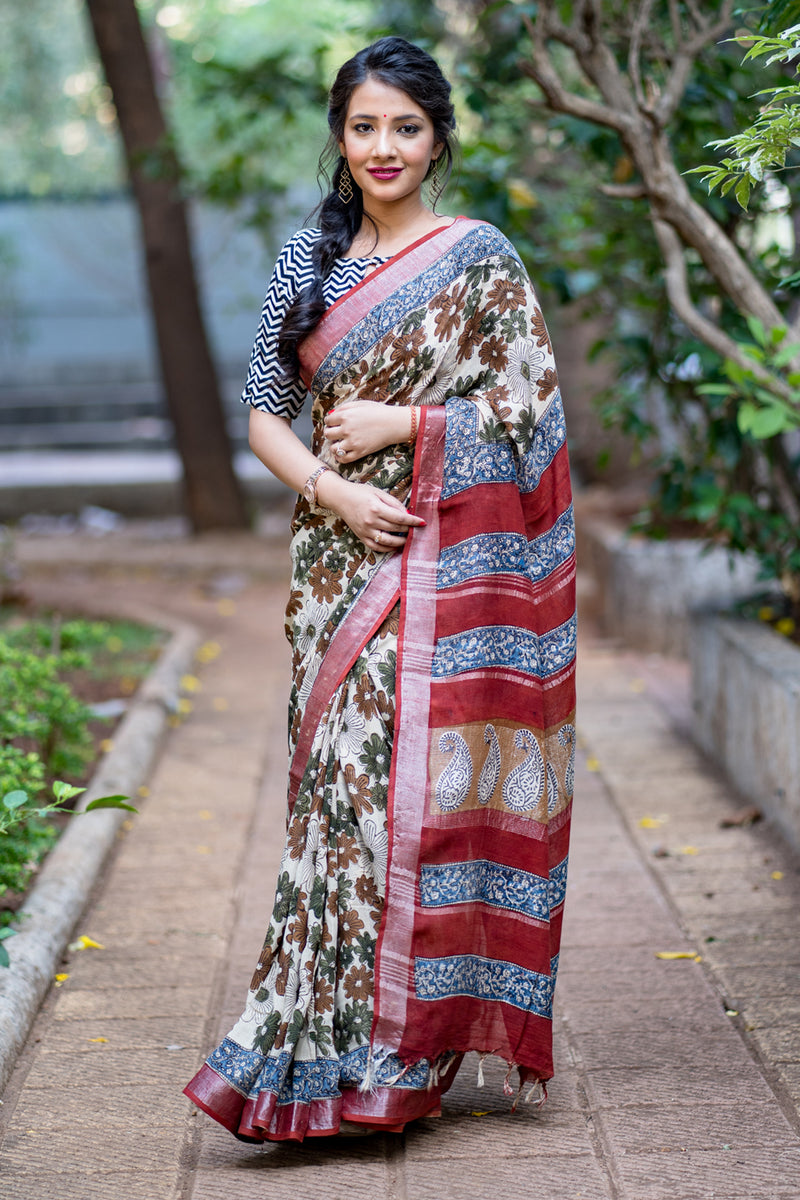 Bold Paradise Cotton handblock print Saree Prasamcrafts Handcrafted Festive Workwear Dailywear