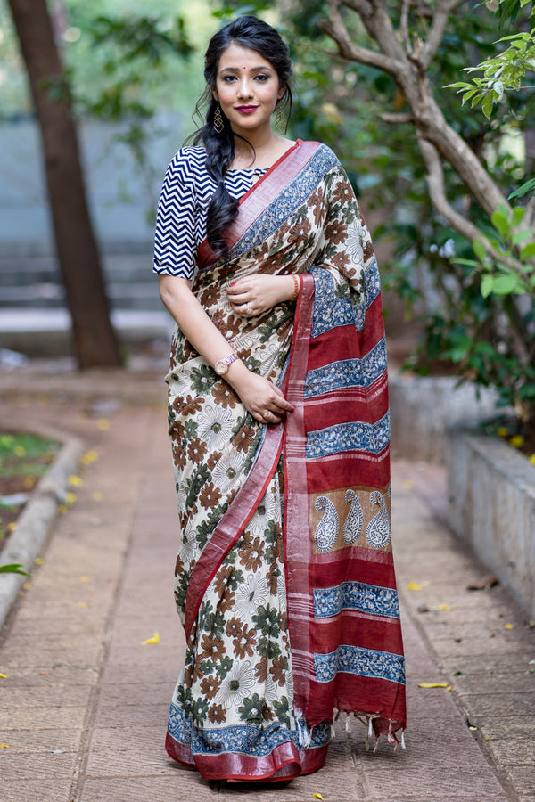 Bold Paradise Cotton handblock print Saree Prasamcrafts Handcrafted Festive Workwear Dailywear