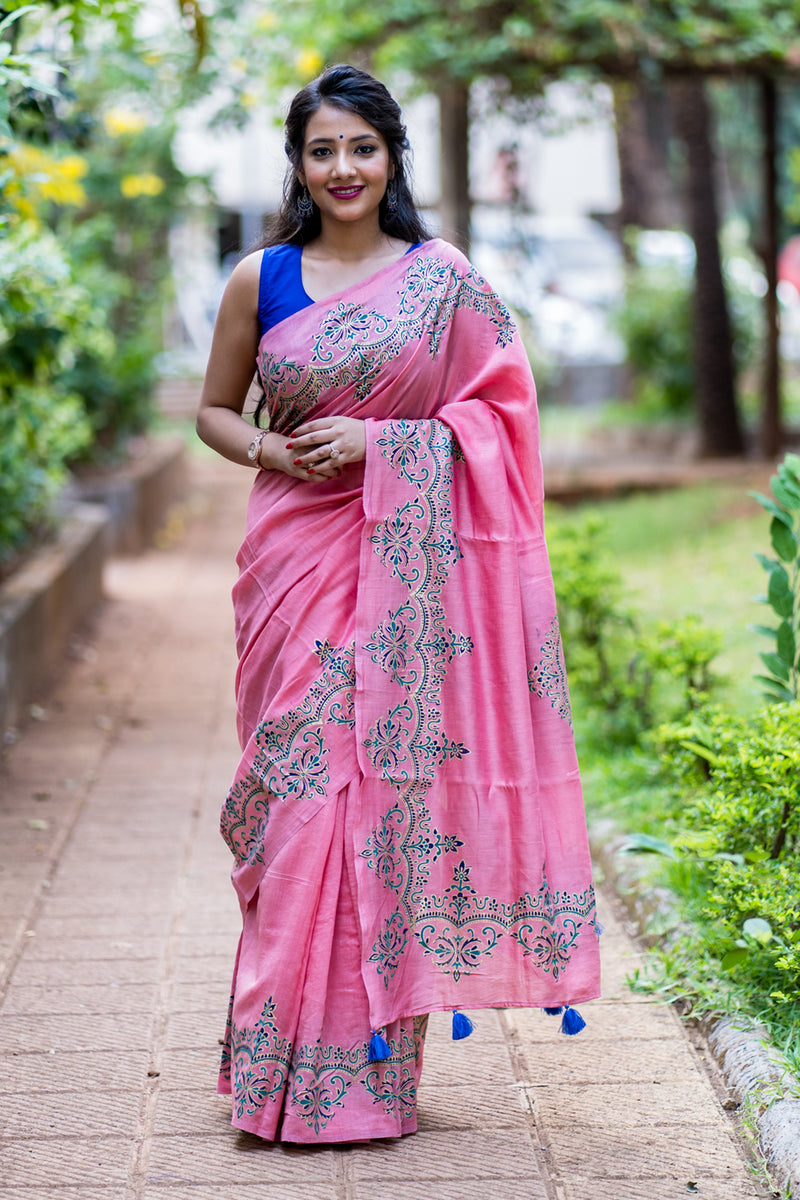 Pastel Decor Chanderi Handblock Print Saree Prasamcrafts Handcrafted Festive Workwear Dailywear