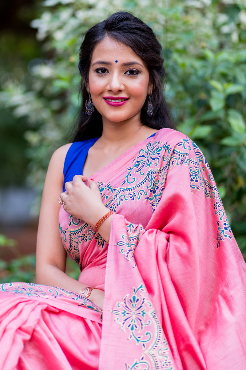 Pastel Decor Chanderi Handblock Print Saree Prasamcrafts Handcrafted Festive Workwear Dailywear