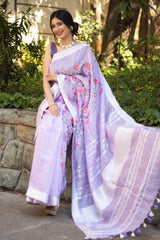 Lavender Floral Embroidery Silk Linen Saree Prasam crafts