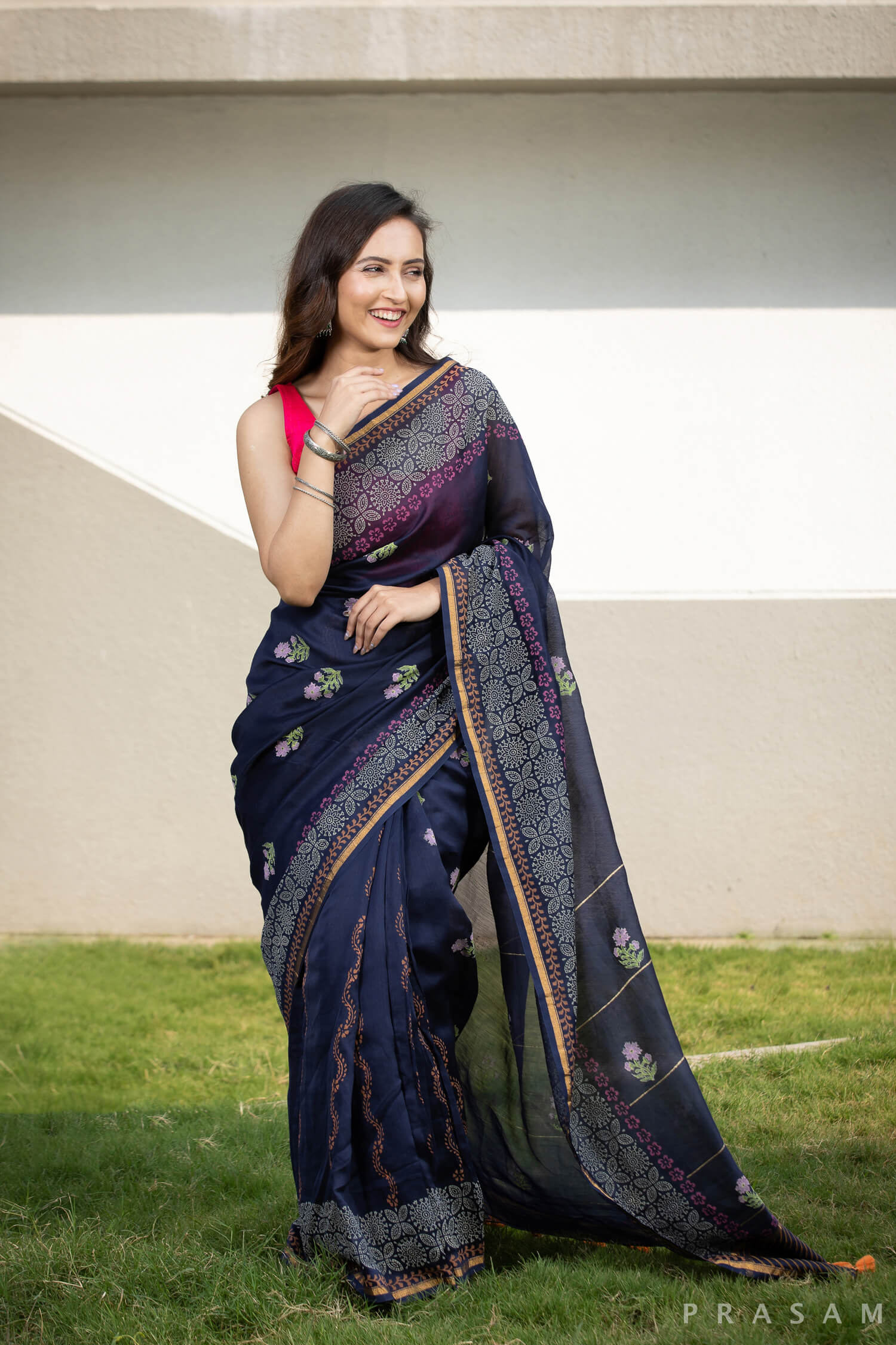 Amethyst Chanderi Handblock print Saree Prasamcrafts Handcrafted Festive Workwear Dailywear