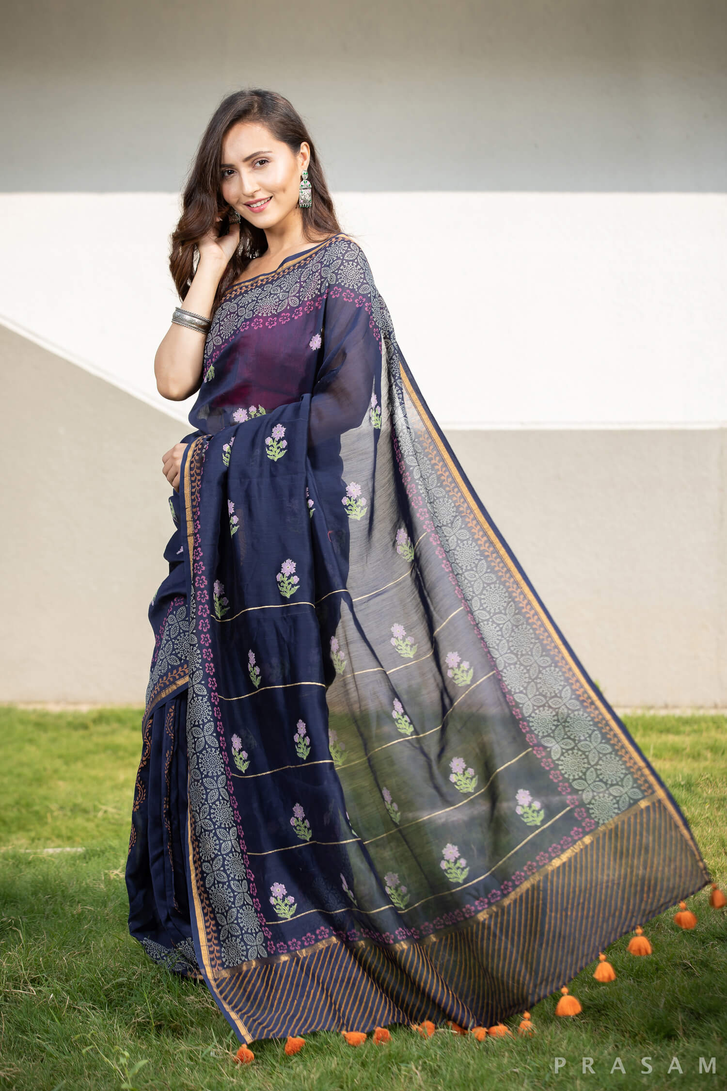 Amethyst Chanderi Handblock print Saree Prasamcrafts Handcrafted Festive Workwear Dailywear