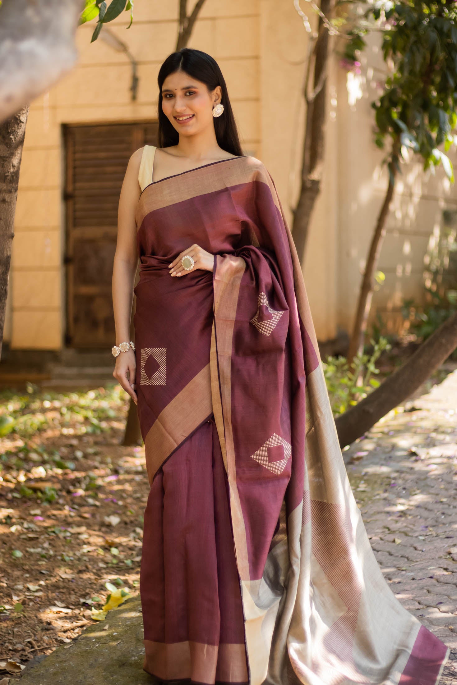 Wine Mood Dupion Silk Handwoven Saree Prasam Crafts