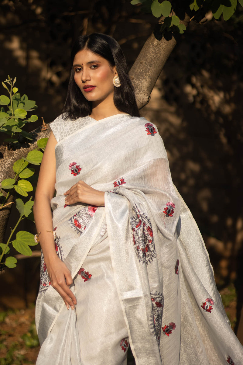 Chandini-Pure Linen Zari Embroidery Saree Prasam Crafts