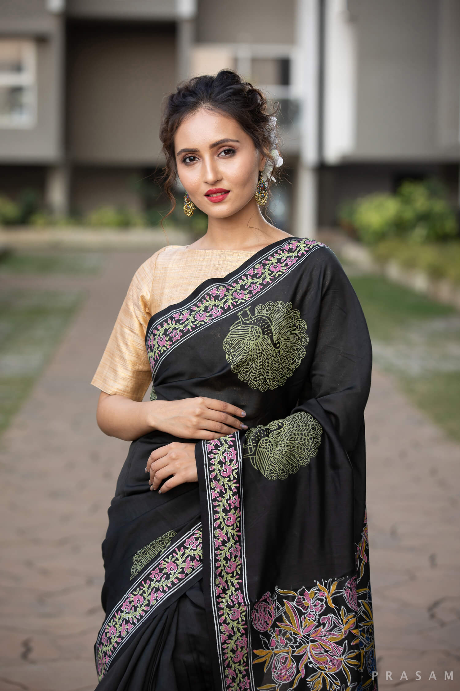 Dim Emerald Chanderi Handblock Print Saree Prasamcrafts Handcrafted Festive Workwear Dailywear