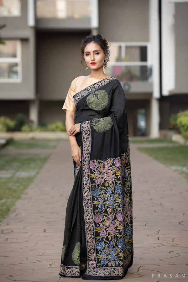 Dim Emerald Chanderi Handblock Print Saree Prasamcrafts Handcrafted Festive Workwear Dailywear