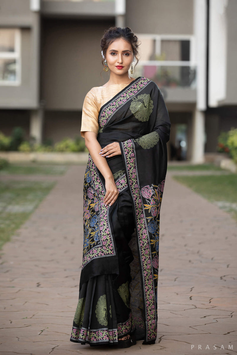 Dim Emerald Chanderi Handblock Print Saree Prasamcrafts Handcrafted Festive Workwear Dailywear