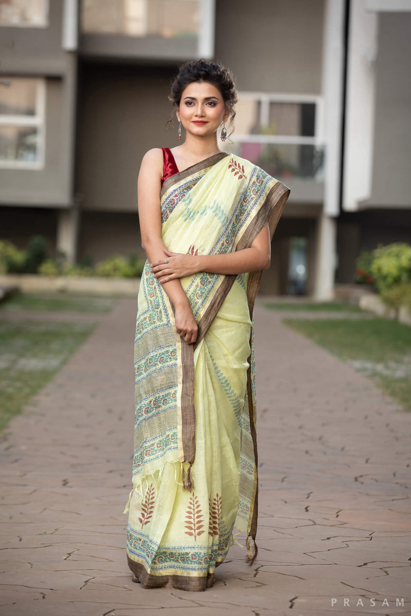 Divine Aura Linen handblock print Saree Prasamcrafts Handcrafted Festive Workwear Dailywear