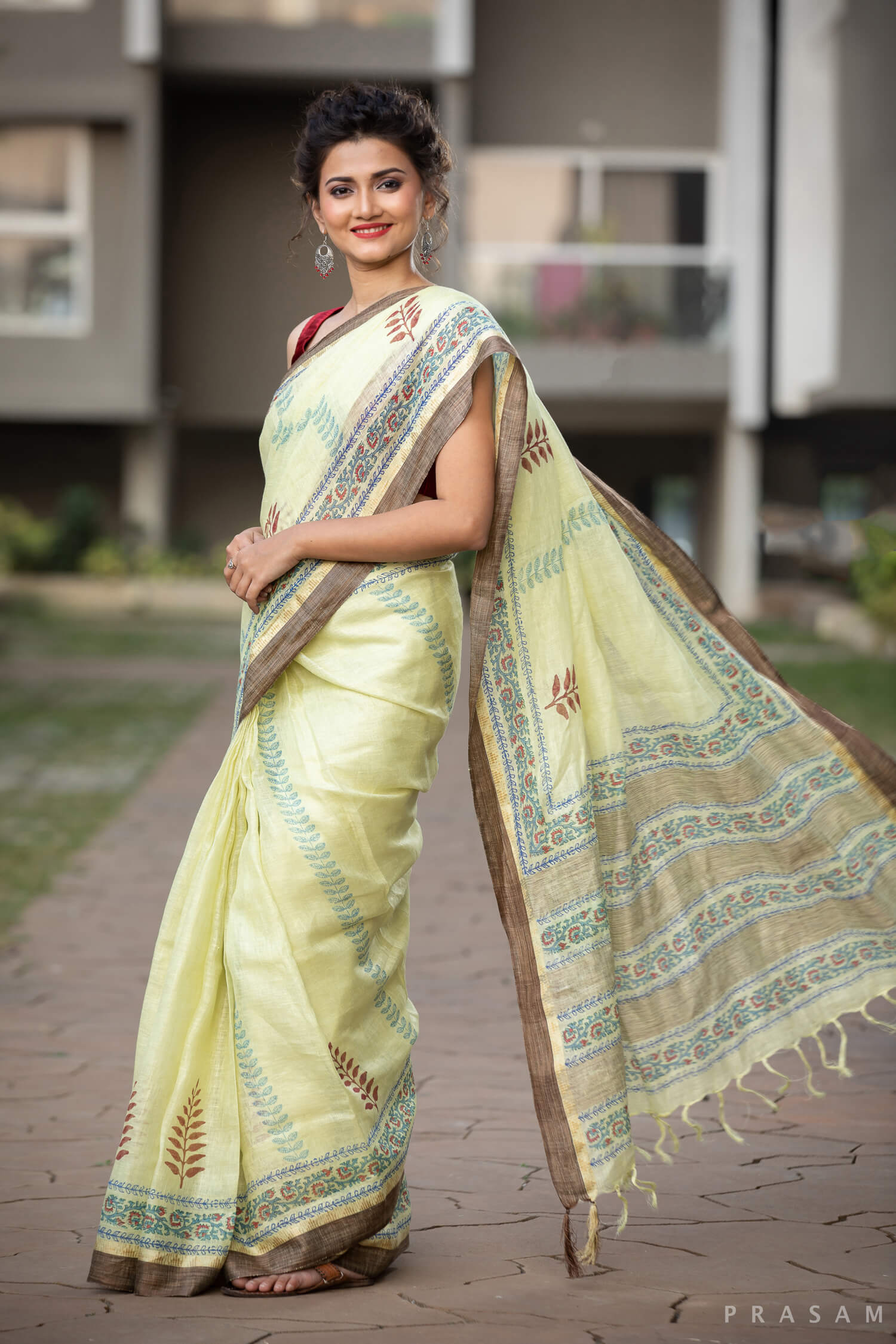 Divine Aura Linen handblock print Saree Prasamcrafts Handcrafted Festive Workwear Dailywear