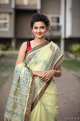 Divine Aura Linen handblock print Saree Prasamcrafts Handcrafted Festive Workwear Dailywear