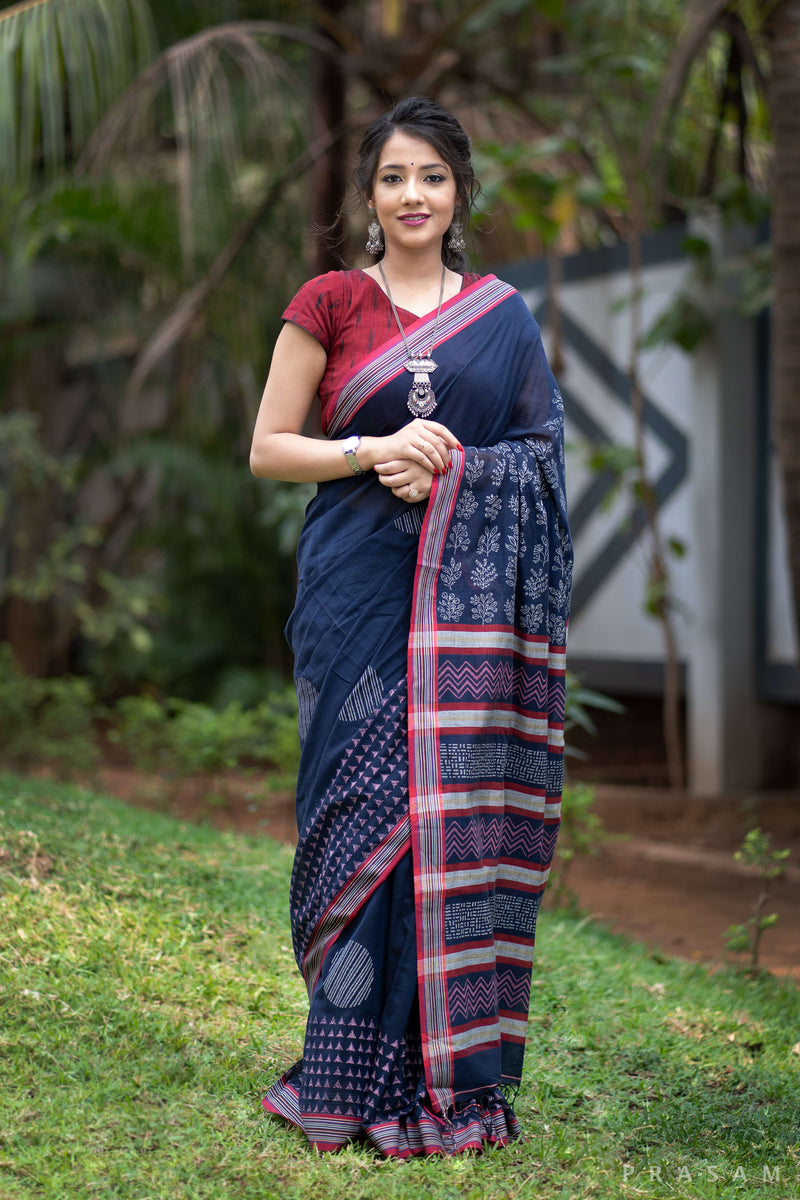 Dreamy Blue Cotton handblock print Saree Prasamcrafts Handcrafted Festive Workwear Dailywear