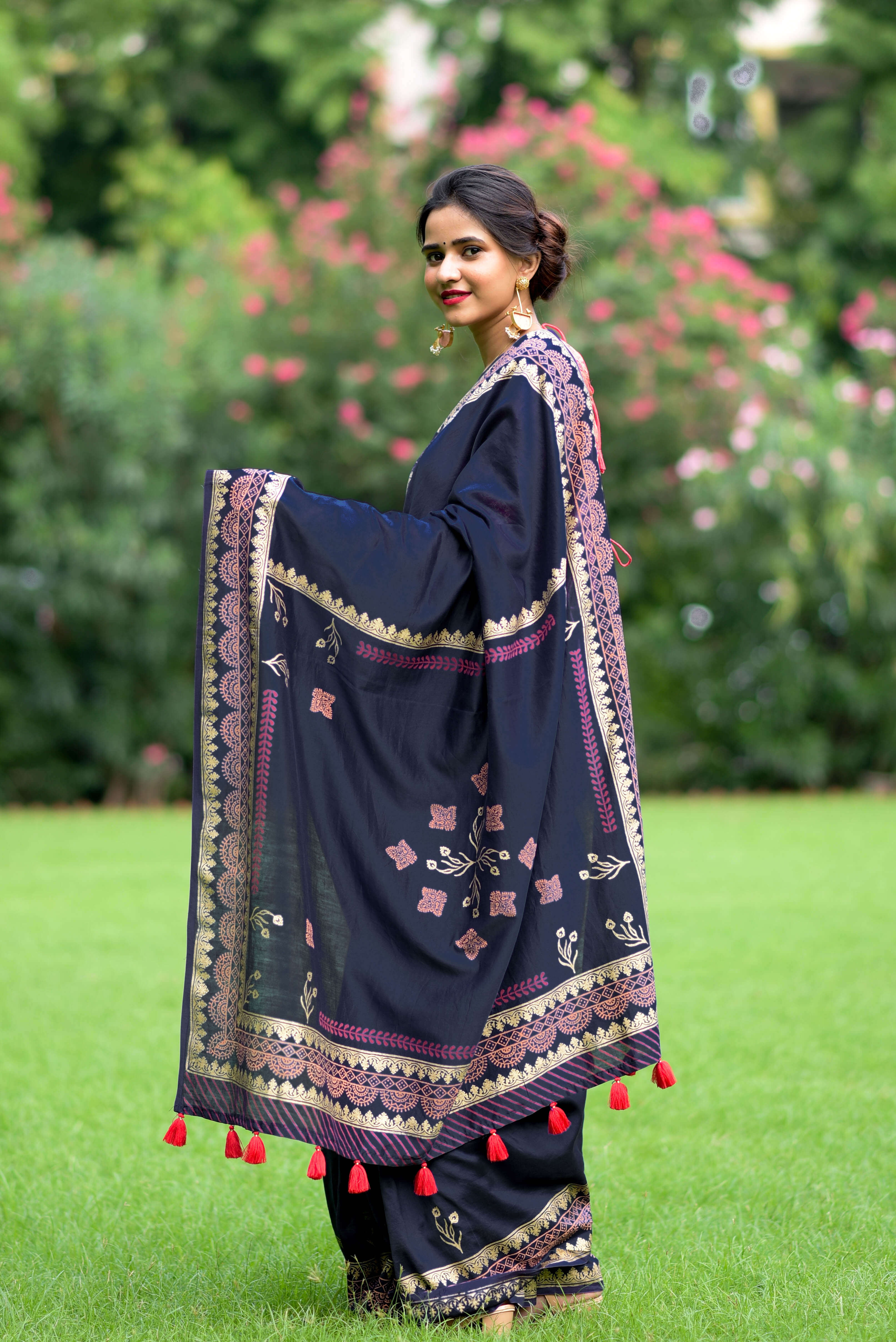 Couture Blues-Chanderi Block Print Saree