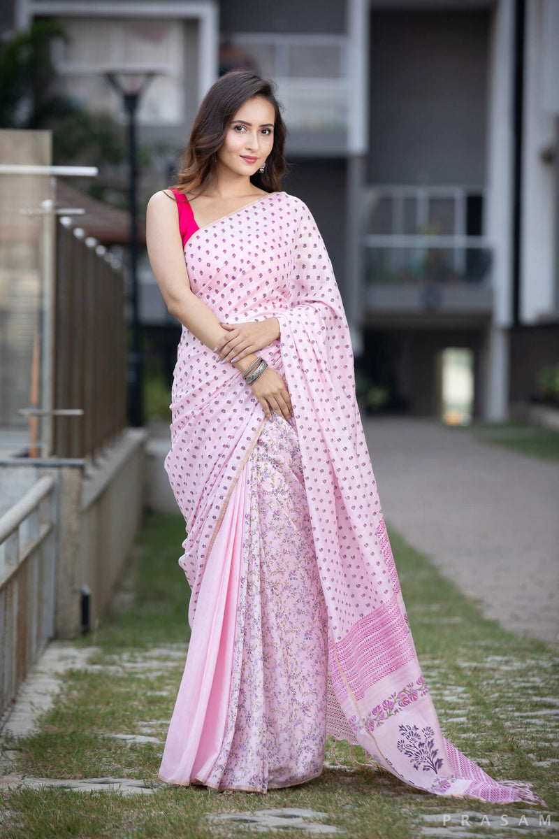 Dainty Bud Rose Cotton handblock print Saree Prasamcrafts Handcrafted Festive Workwear Dailywear