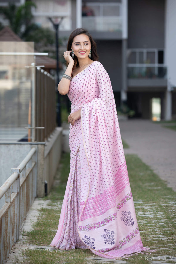 Dainty Bud Rose Cotton handblock print Saree Prasamcrafts Handcrafted Festive Workwear Dailywear