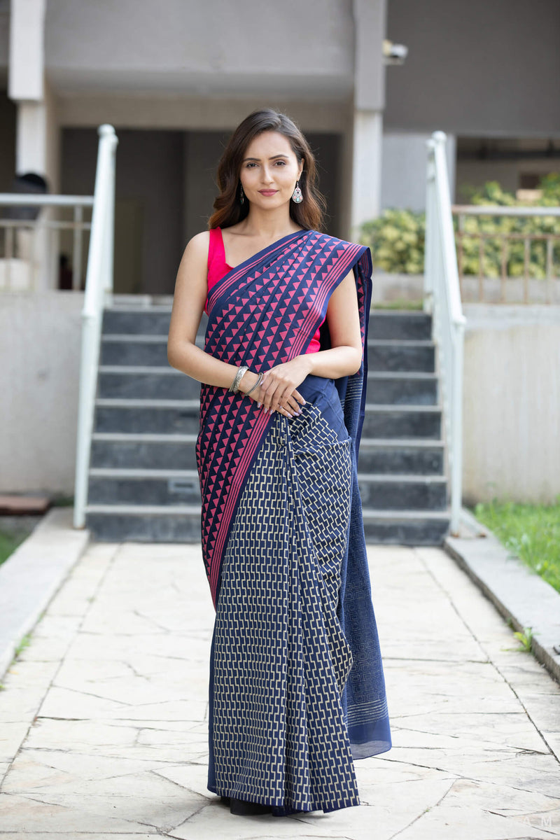 Disciplined Algorithm Silk Modal handblock print Saree Prasamcrafts Handcrafted Workwear